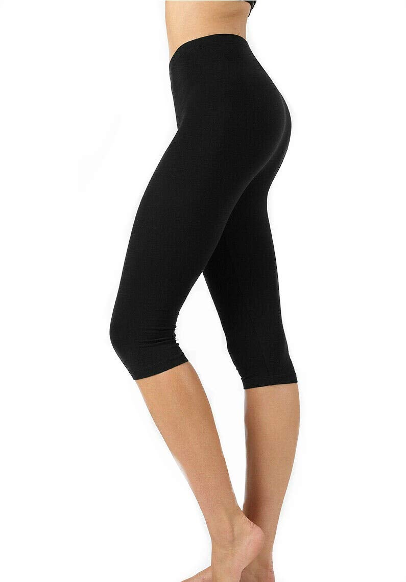 Zenana Premium Cotton 15 INCH Capri Leggings (M, Black)